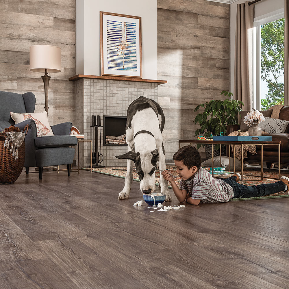 photo of dog and child on LVP pet friendly flooring