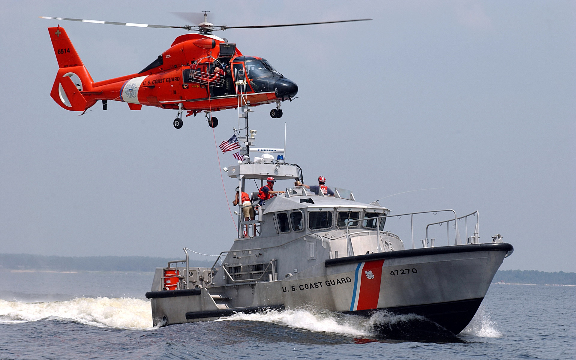 USA Coast Guard helicopter and boat