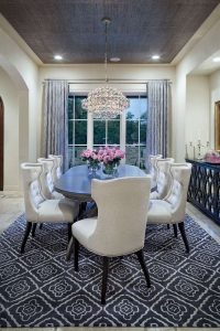 Photo of dining room with wallpaper ceiling and rug resembling art